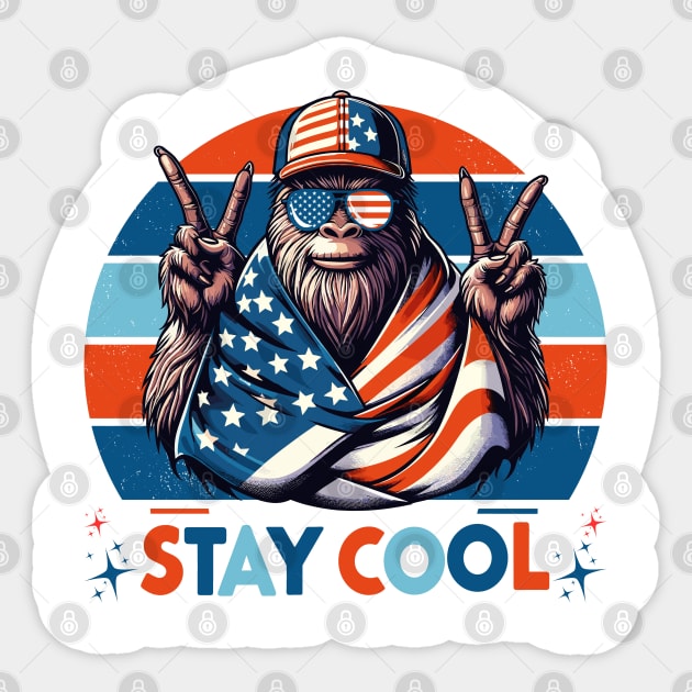 Stay Cool 4th July Patriotic Funny Bigfoot Sasquatch America Sticker by JessArty